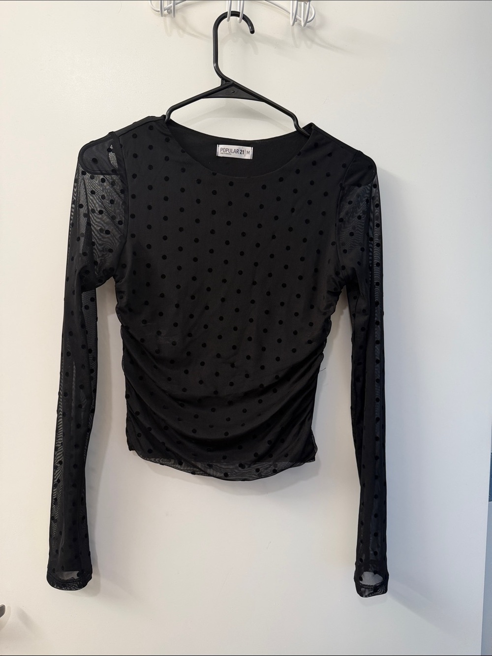 Black Polka Dot Mesh Long Sleeve Top